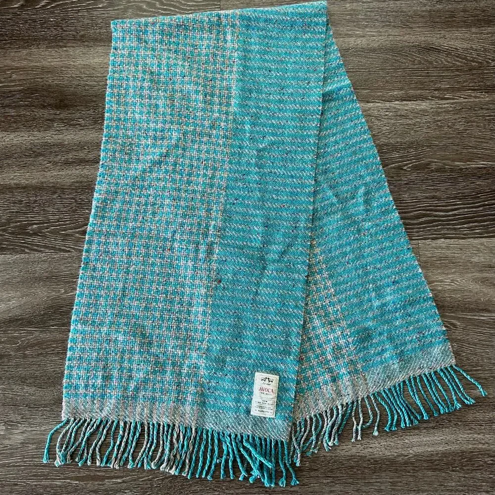 Avoca 100% Wool Blanket Scarf Aqua Blue Fringe Ireland Wrap Irish Wool
